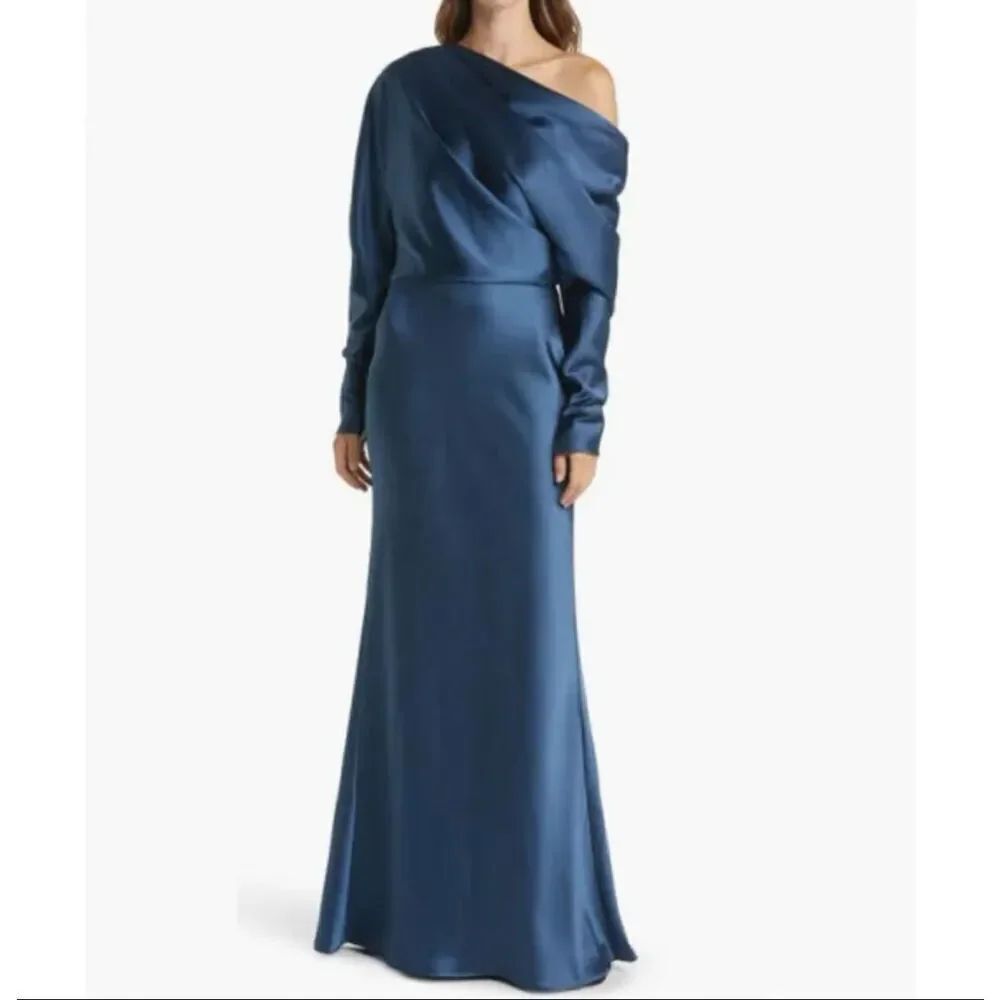 Amsale Pleated One-Shoulder Long Sleeve Satin Gown in French Blue size 4